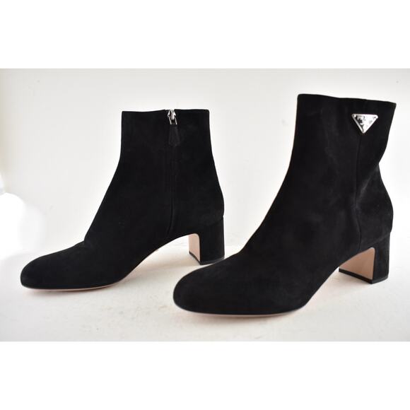 Prada 55MM Tronch Black Suede Silver Logo Short Ankle Block Heel Bootie 38.5 - Picture 9 of 11